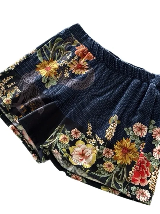 Johnny Was Dragona Easy Shorts XL Dragon Floral Boho Navy Polka Dot Pull-On - Picture 5 of 12